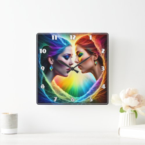 Vibrant Dual Portrait of Women in Makeup Square Wall Clock