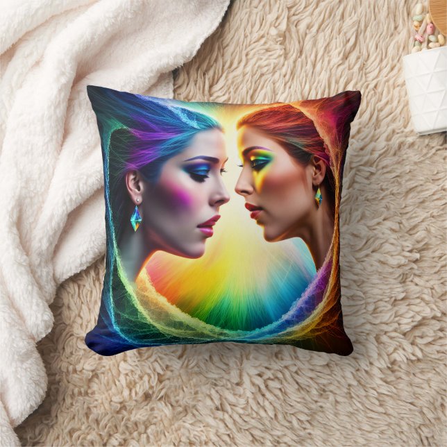 Vibrant Dual Portrait of Women in Makeup Throw Pillow (Blanket)