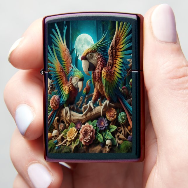 Vibrant Duo: Parrots on Branch Zippo Lighter (In Hand)