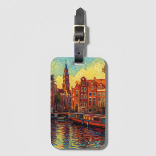 Vibrant Dutch Cityscape   Amber Canal Glow Art Luggage Tag