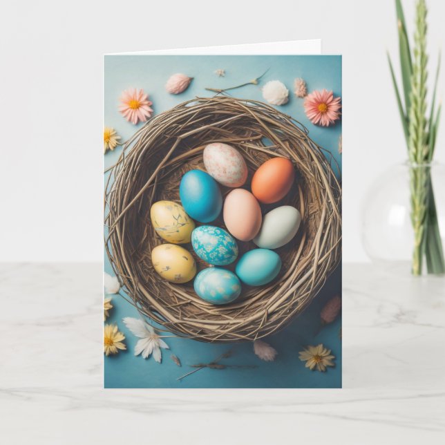 Vibrant Easter Basket With Decorative Eggs Holiday Card (Front)