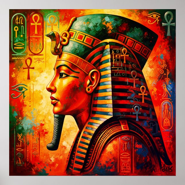Vibrant Egyptian Pharaoh Portrait with Hieroglyphs Poster (Front)