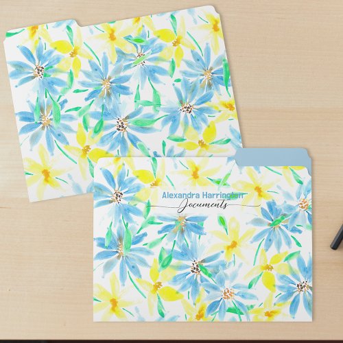 Vibrant Elegant Blue and Yellow Watercolor Flowers File Folder