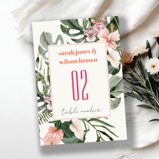 Vibrant Elegant Blush Boho Tropical Floral Wedding Table Number (Creator Uploaded)