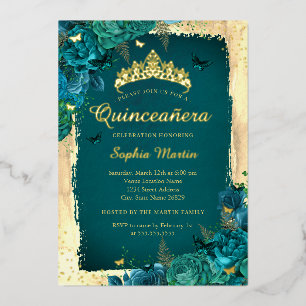 Vibrant Elegant Floral Butterfly Teal Quinceanera  Foil Invitation