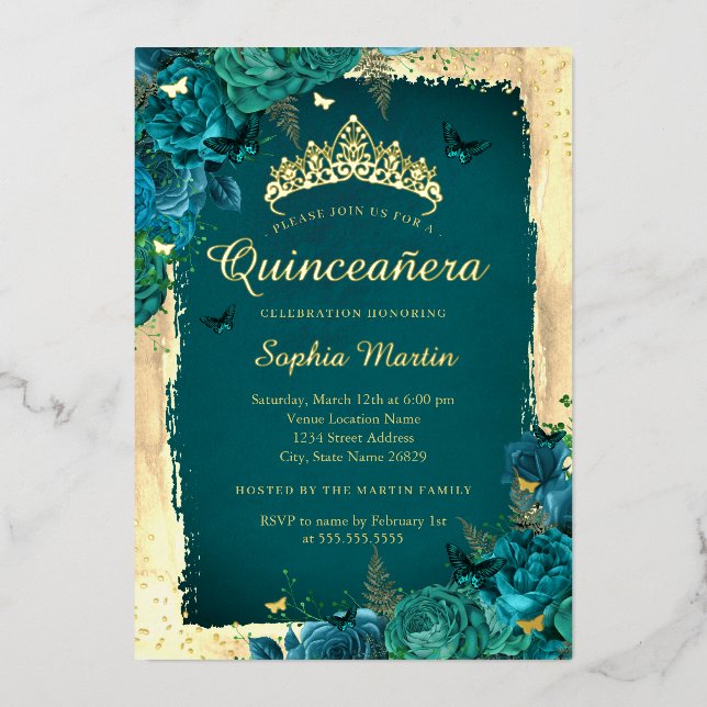 Vibrant Elegant Floral Butterfly Teal Quinceanera  Foil Invitation (Front)
