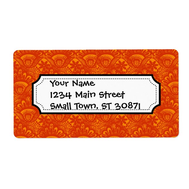 Vibrant Elegant Orange Damask Lace Girly Pattern Label (Front)