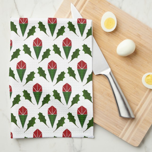 Vibrant Elegant Red Roses & Green Holly Pattern Kitchen Towel (Quarter Fold)