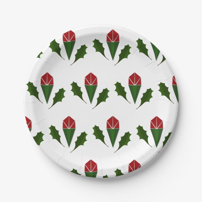 Vibrant Elegant Red Roses & Green Holly Pattern Paper Plates (Front)