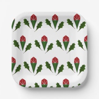 Vibrant Elegant Red Roses & Green Holly Pattern