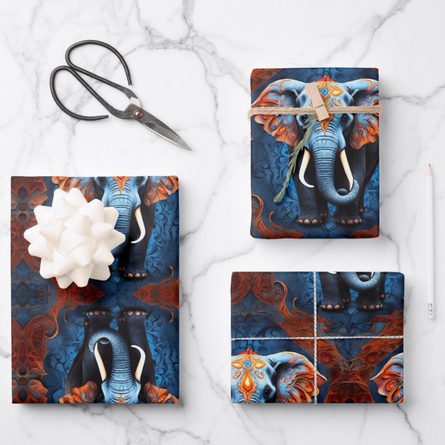 Vibrant Elephant with Floral Motifs Wrapping Paper Sheets (Front)