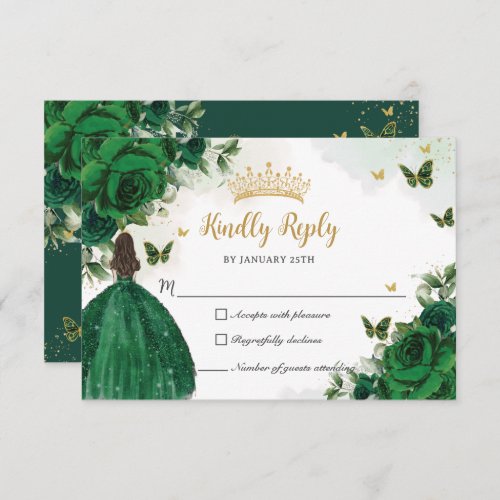 Vibrant Emerald Green Floral Princess Quinceaera RSVP Card