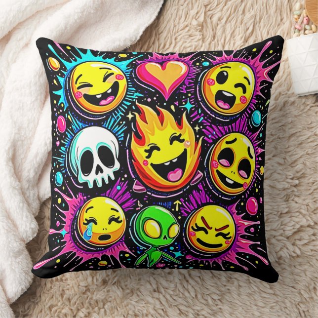 Vibrant Emoji Pop Art Throw Pillow (Blanket)