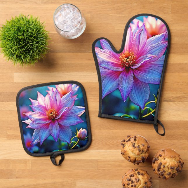 Vibrant Ethereal Bloom Artwork Oven Mitt & Pot Holder Set (Top Down)