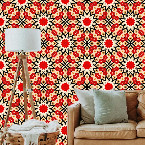 Vibrant Ethnic African Red Black Cream Geometric Wallpaper