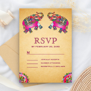 Vibrant Ethnic Elephants Indian Wedding RSVP Card