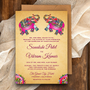 Vibrant Ethnic Pink Elephants Indian Wedding Invitation