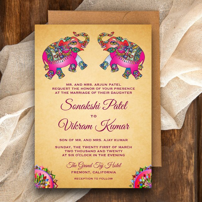 Vibrant Ethnic Pink Elephants Indian Wedding Invitation (Creator Uploaded)