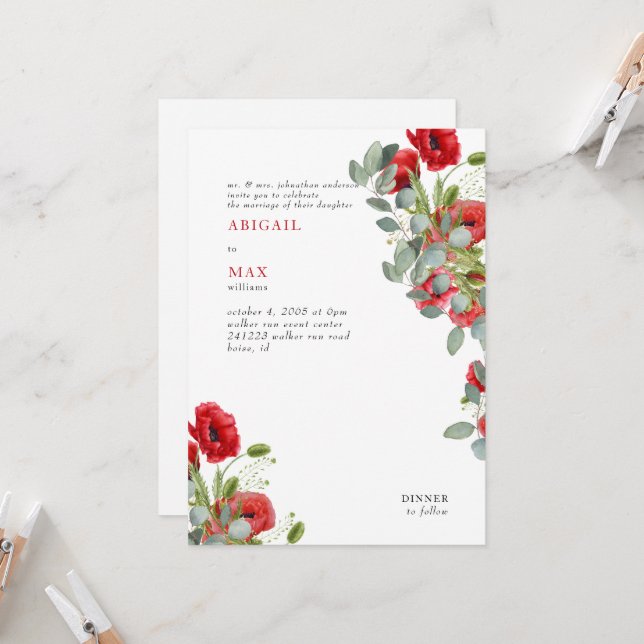 Vibrant Eucalyptus Red Floral Wedding Invitation (Front/Back In Situ)
