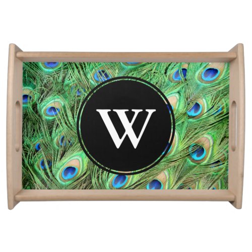 Vibrant Exotic Peacock Feathers Initial Letter Serving Tray