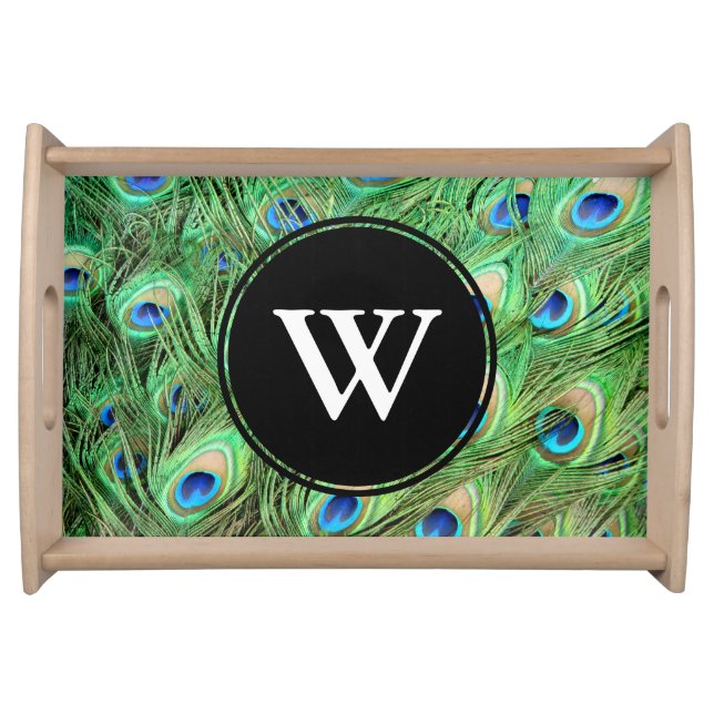 Vibrant Exotic Peacock Feathers Initial Letter Serving Tray (Front)