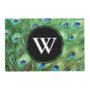 Vibrant Exotic Peacock Feathers White Letter Placemat
