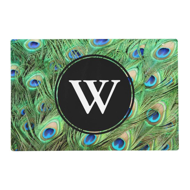 Vibrant Exotic Peacock Feathers White Letter Placemat (Front)