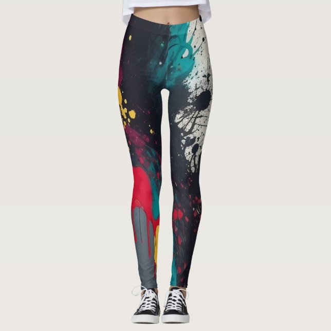 Vibrant Eye catching Splatter Drip Abstract Art Leggings (Front)