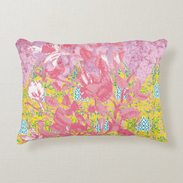 Vibrant fabric pattern featuring pink, yellow, and accent pillow (Front)