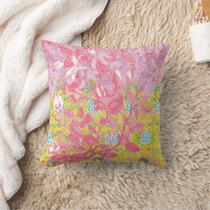 Vibrant fabric pattern featuring pink, yellow, and throw pillow