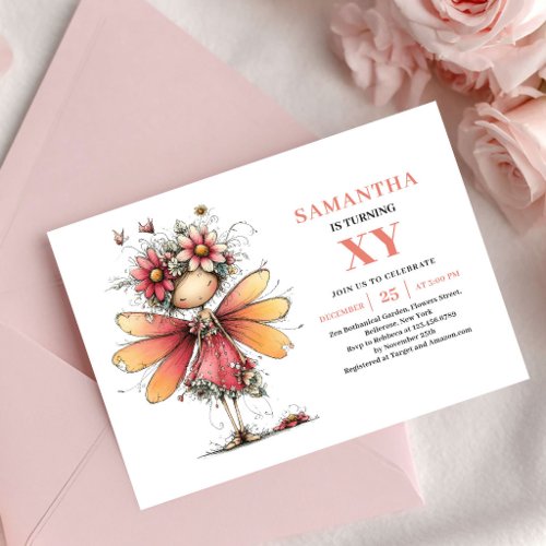Vibrant Fairy Girl Birthday Pink Floral invitation