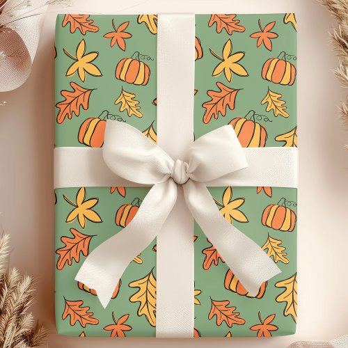 Vibrant Fall Foliage Floral Pumpkin Wrapping Paper