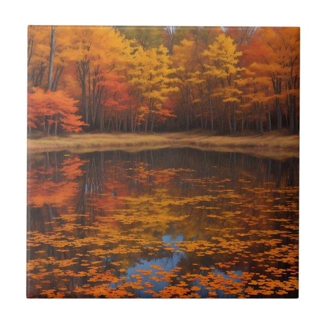 Vibrant Fall Lake and Forest Ceramic Tile (Front)