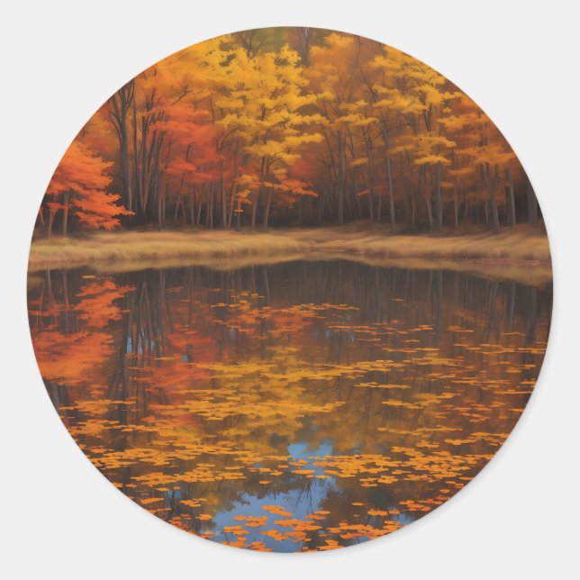 Vibrant Fall Lake and Forest Classic Round Sticker (Front)