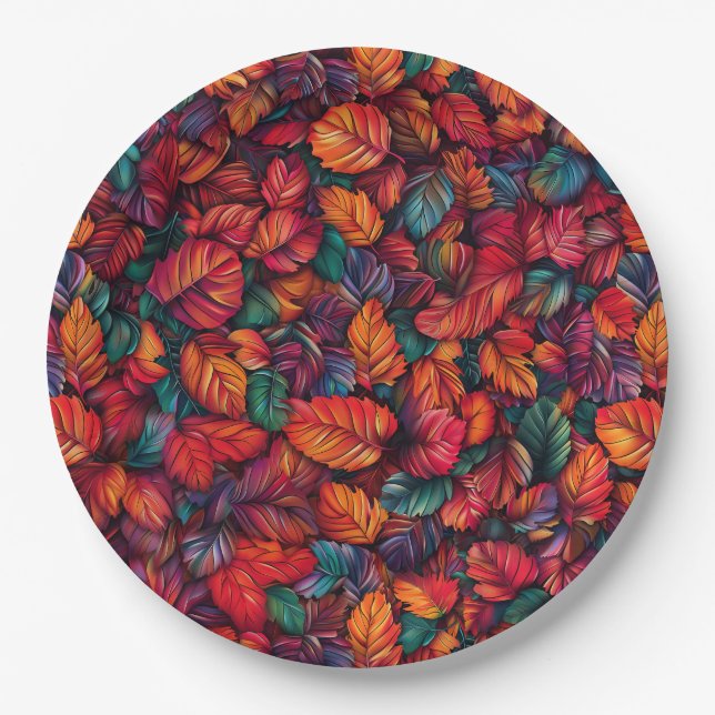 Vibrant Fall Leaves Paper Plates (Front)