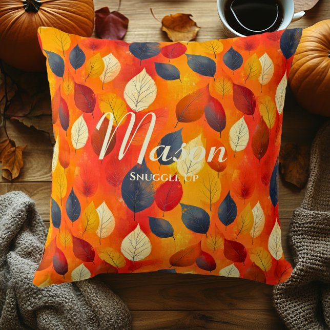 Vibrant Fall Leaves Pattern in Warm Orange Tones Throw Pillow (Creator Uploaded)