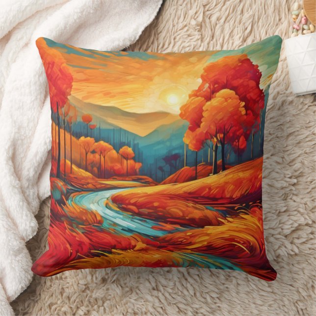 Vibrant Fall River Scene Throw Pillow (Blanket)