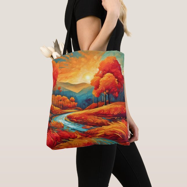 Vibrant Fall River Scene Tote Bag (Close Up)