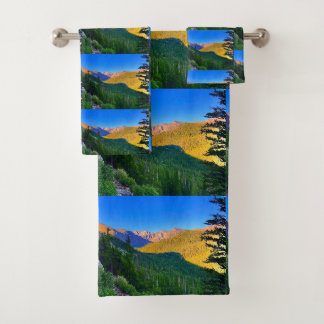 Vibrant Fall Sunset in Purples Greens Golds Bath Towel Set