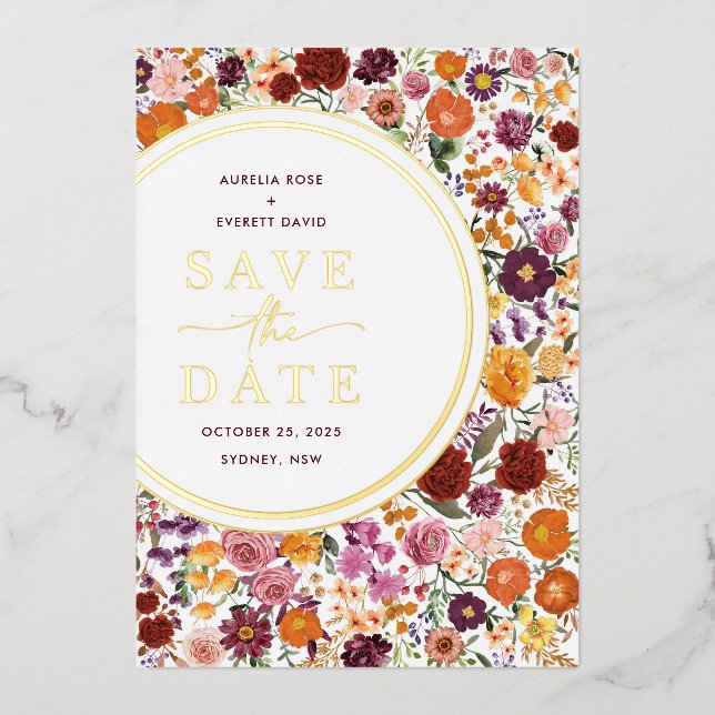 Vibrant Fall Wildflower Wedding Save the Date Foil Invitation (Front)