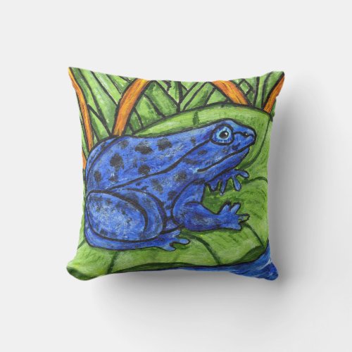 Vibrant Fantasy blue Frog Lily Pad Tall grass Outdoor Pillow