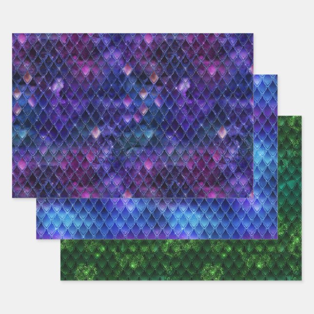 Vibrant Fantasy Dragon Scale Patterns Wrapping Paper Sheets (Set)