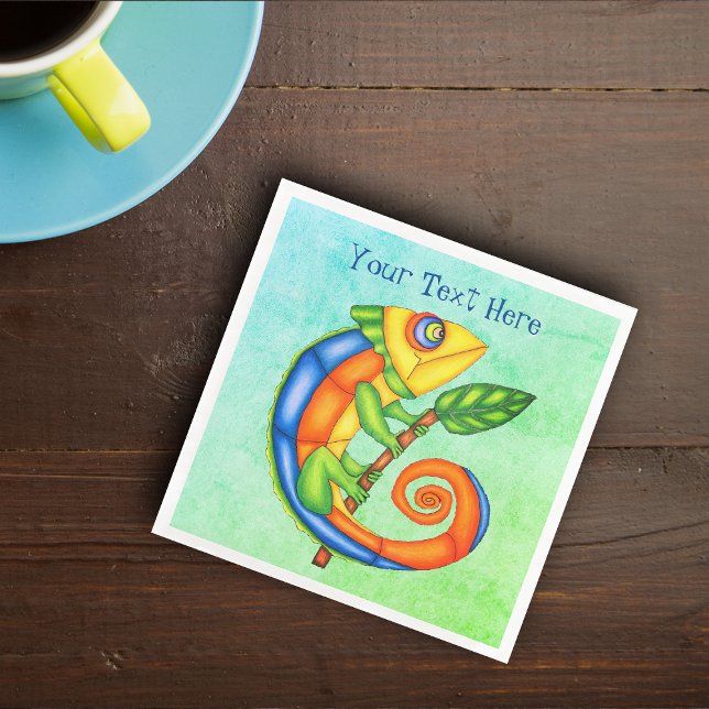 Vibrant Fantasy Smiling Lizard Leaf Blue Green Paper Dinner Napkins (Smiling lizard vibrant colours holding leave on blue green mixed paper party napkins.)