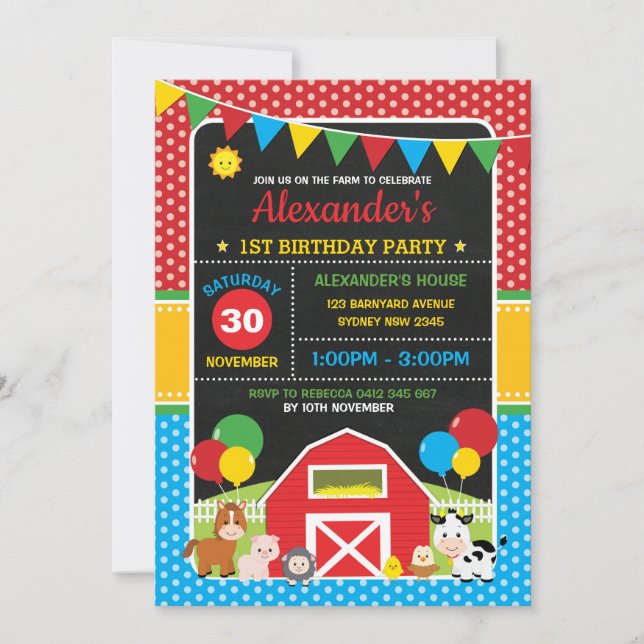 Vibrant Farm Barnyard Animals Birthday Chalkboard Invitation (Front)
