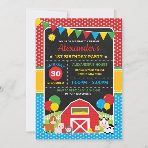 Vibrant Farm Barnyard Animals Birthday Chalkboard Invitation