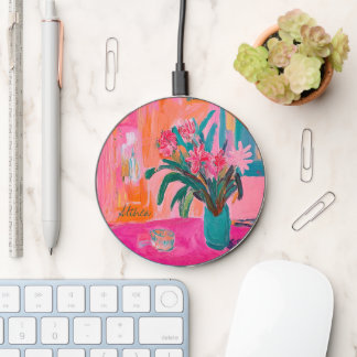 Vibrant Fauvist Vase of Pink Flowers Wireless Charger