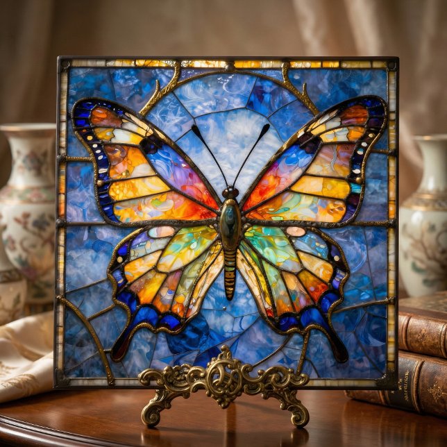 Vibrant Faux Stained Glass Butterfly Mosaic Art Ceramic Tile (Creator Uploaded)