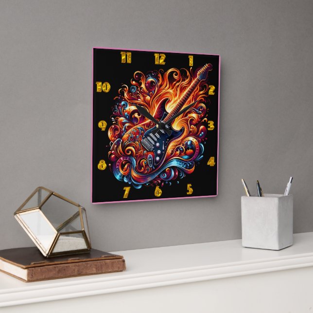Vibrant, fiery guitar square wall clock (Office)