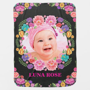 Vibrant Fiesta Flowers Monogram Photo Chalkboard Baby Blanket