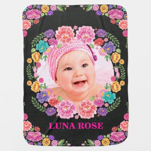 Vibrant Fiesta Flowers Monogram Photo Chalkboard Baby Blanket